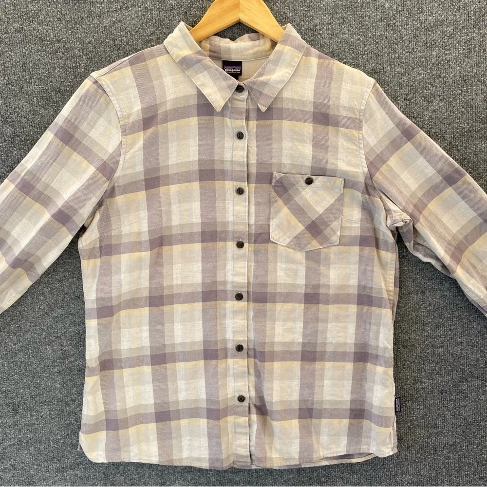 Patagonia Plaid Button-Down Shirt in Lavender, Cream, and Gray